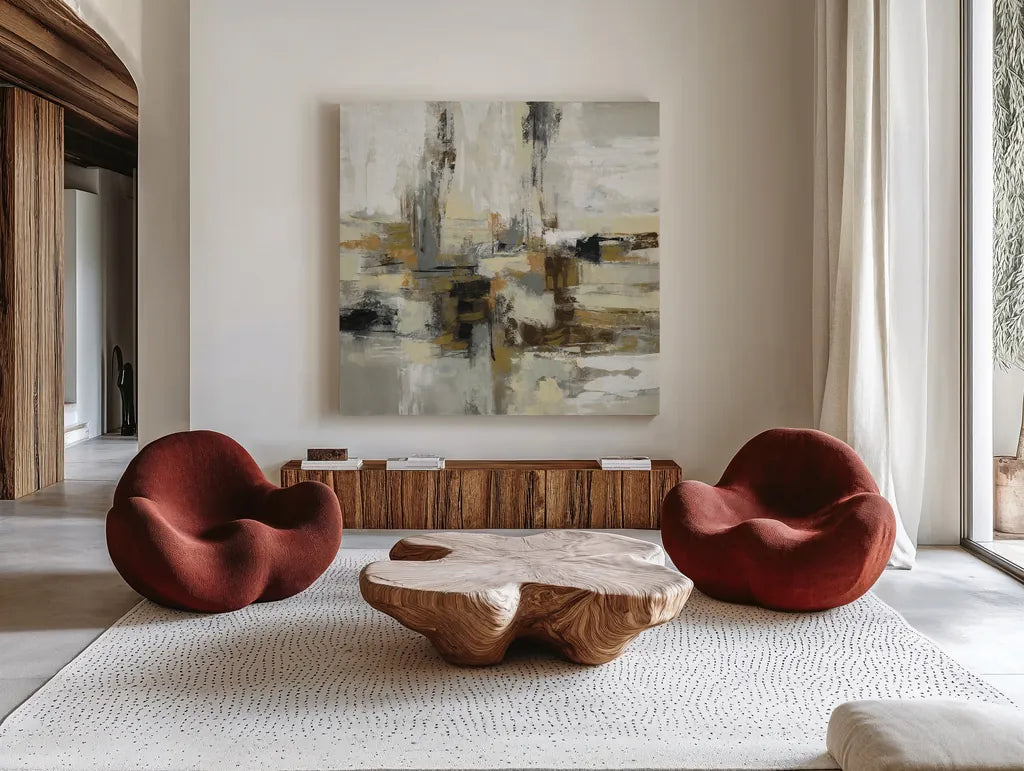 Lava and Steam by Silvia Vassileva. Shown as extra-large giant wall art in a modern living room. Available as an archival giclee rolled canvas, fine art paper, or poster print. SKU 57258a.