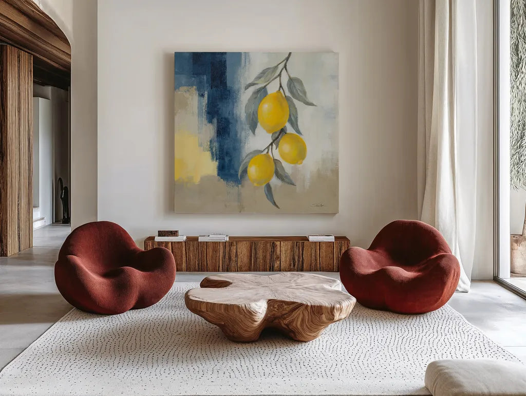 Lemons From the South II by Silvia Vassileva. Shown as extra-large giant wall art in a modern living room. Available as an archival giclee rolled canvas, fine art paper, or poster print. SKU 88698a.