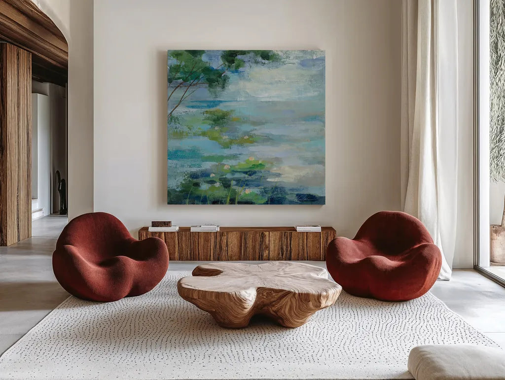 Lily Pond I by Silvia Vassileva. Shown as extra-large giant wall art in a modern living room. Available as an archival giclee rolled canvas, fine art paper, or poster print. SKU 18560a.