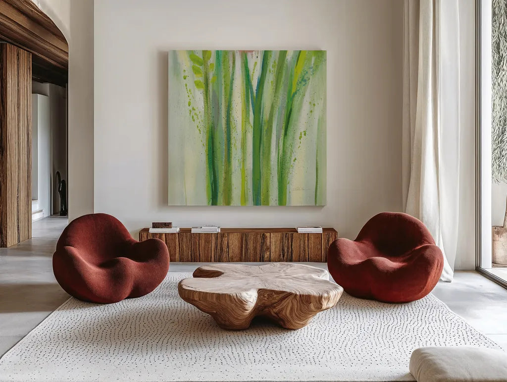 Longstem Bouquet II Square III by Silvia Vassileva. Shown as extra-large giant wall art in a modern living room. Available as an archival giclee rolled canvas, fine art paper, or poster print. SKU 36445a.