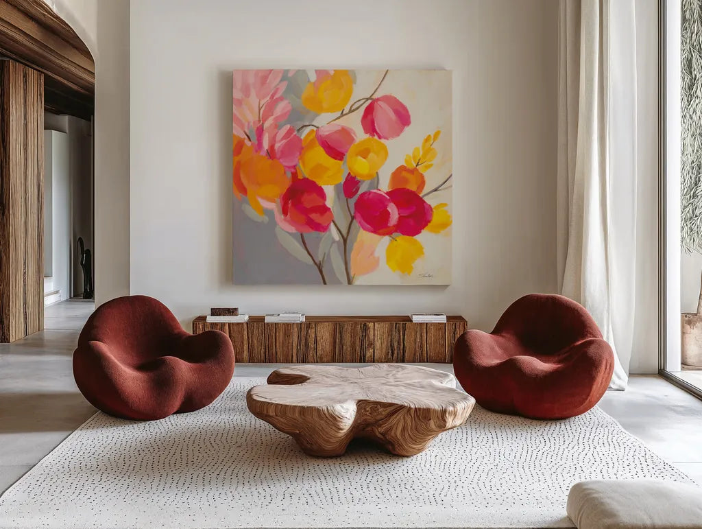 Magenta Bloom I by Silvia Vassileva. Shown as extra-large giant wall art in a modern living room. Available as an archival giclee rolled canvas, fine art paper, or poster print. SKU 83089a.