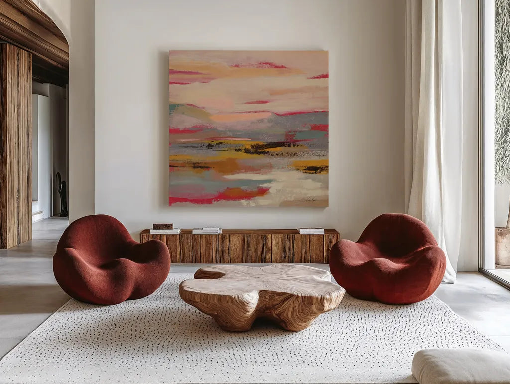 Magenta Hill I by Silvia Vassileva. Shown as extra-large giant wall art in a modern living room. Available as an archival giclee rolled canvas, fine art paper, or poster print. SKU 83506a.