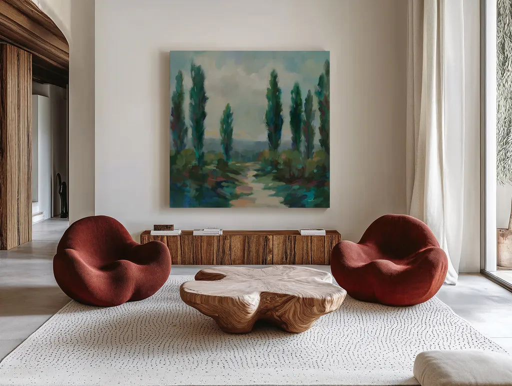 Majestic Poplars by Silvia Vassileva. Shown as extra-large giant wall art in a modern living room. Available as an archival giclee rolled canvas, fine art paper, or poster print. SKU 95137a.