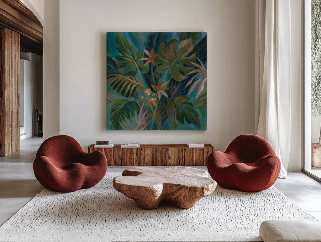 Midnight Tropical Leaves by Silvia Vassileva. Shown as extra-large giant wall art in a modern living room. Available as an archival giclee rolled canvas, fine art paper, or poster print. SKU 67913a.