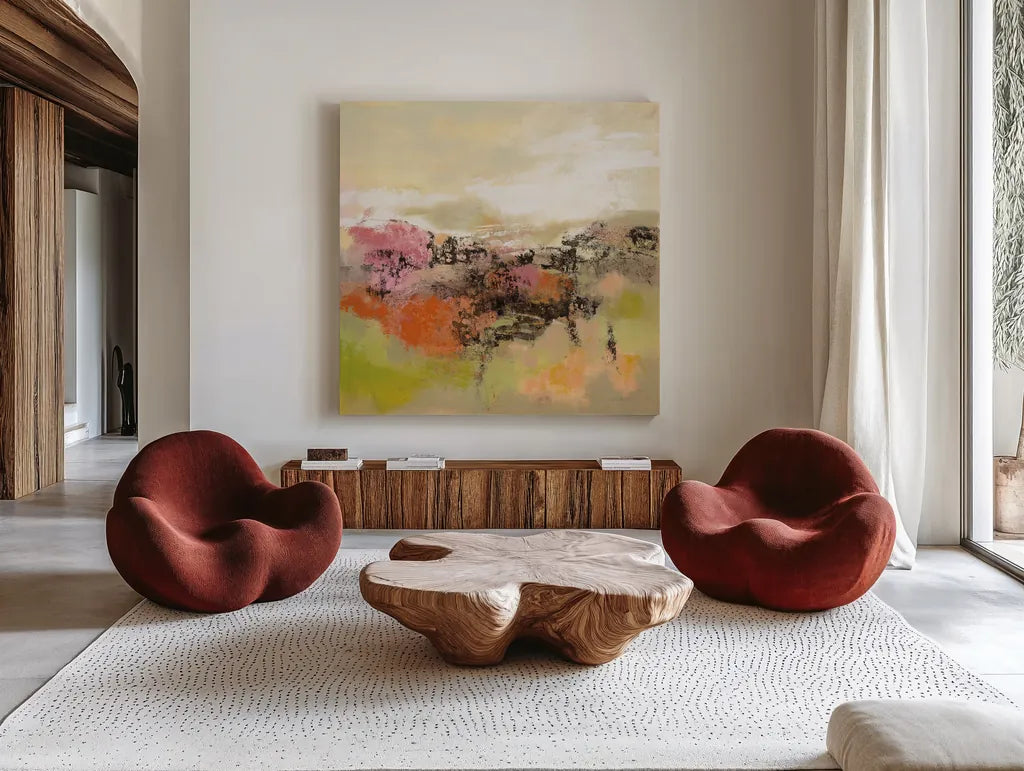 Midsummer Meadow Path by Silvia Vassileva. Shown as extra-large giant wall art in a modern living room. Available as an archival giclee rolled canvas, fine art paper, or poster print. SKU 65597a.