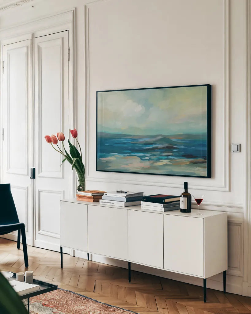 Morning Marine Layer by Silvia Vassileva. shown as a framed stretched canvas in a living room above a console. Available as a archival giclee rolled canvas, fine art paper, or poster print. SKU 79887i.