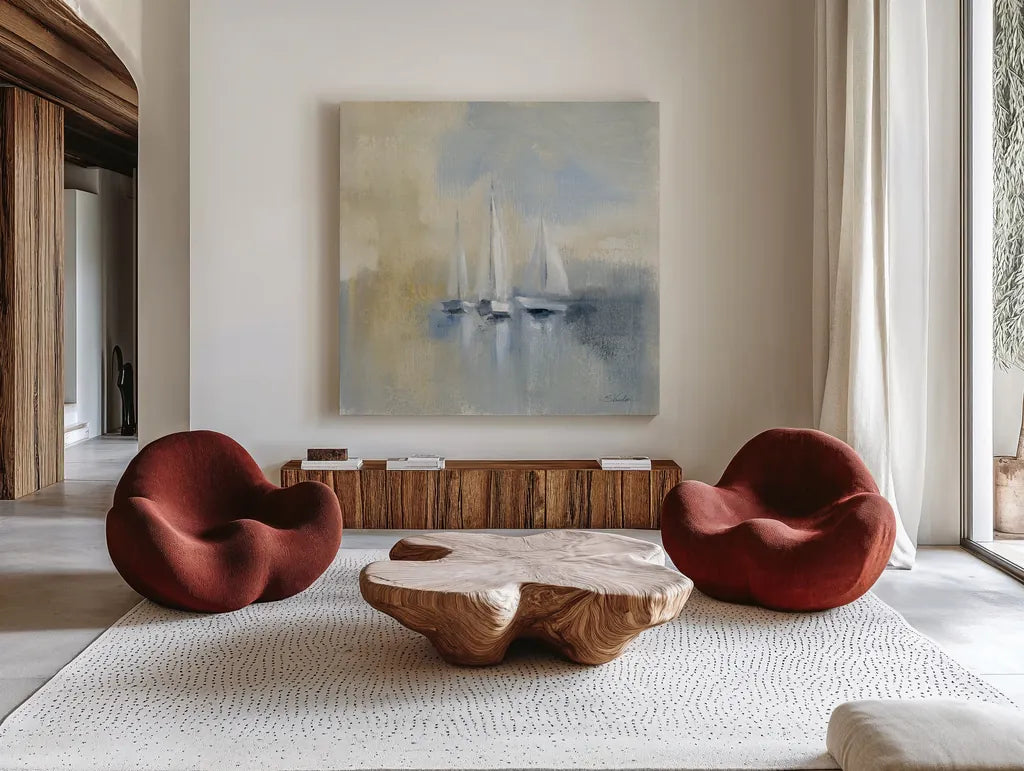 Morning Sail I by Silvia Vassileva. Shown as extra-large giant wall art in a modern living room. Available as an archival giclee rolled canvas, fine art paper, or poster print. SKU 33963a.