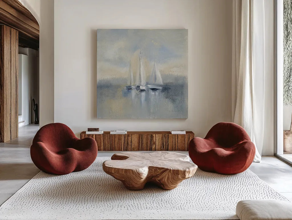 Morning Sail I Blue by Silvia Vassileva. Shown as extra-large giant wall art in a modern living room. Available as an archival giclee rolled canvas, fine art paper, or poster print. SKU 34375a.