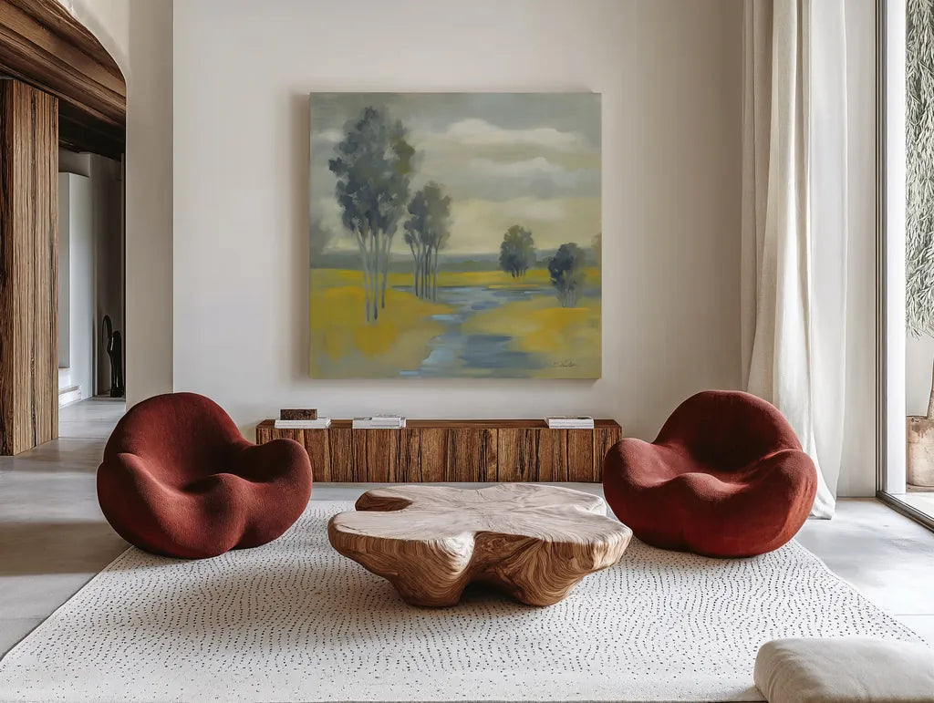 Mustard Yellow Fields by Silvia Vassileva. Shown as extra-large giant wall art in a modern living room. Available as an archival giclee rolled canvas, fine art paper, or poster print. SKU 74913a.
