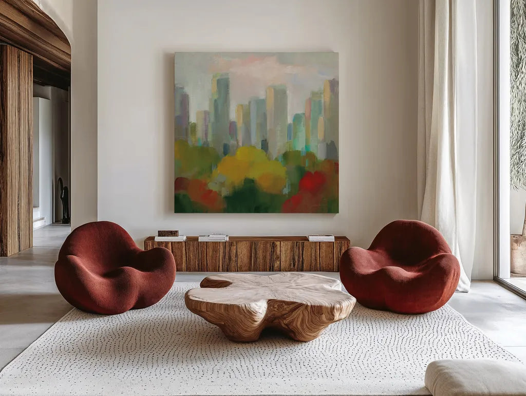 NYC Central Park I by Silvia Vassileva. Shown as extra-large giant wall art in a modern living room. Available as an archival giclee rolled canvas, fine art paper, or poster print. SKU 35828a.