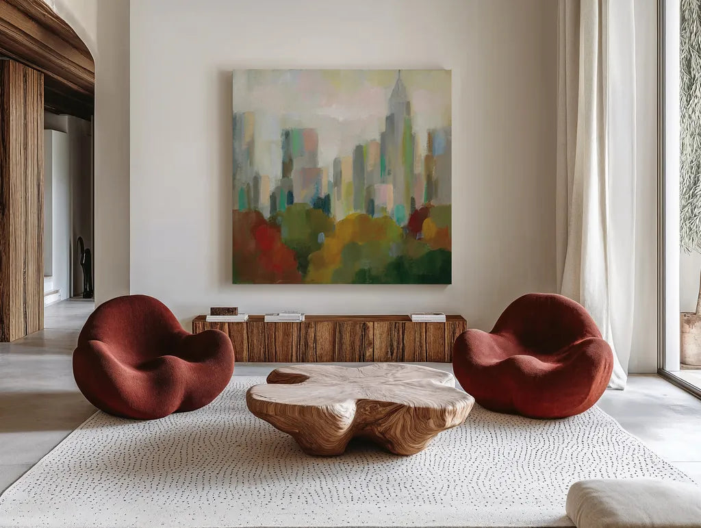 NYC Central Park II by Silvia Vassileva. Shown as extra-large giant wall art in a modern living room. Available as an archival giclee rolled canvas, fine art paper, or poster print. SKU 35829a.