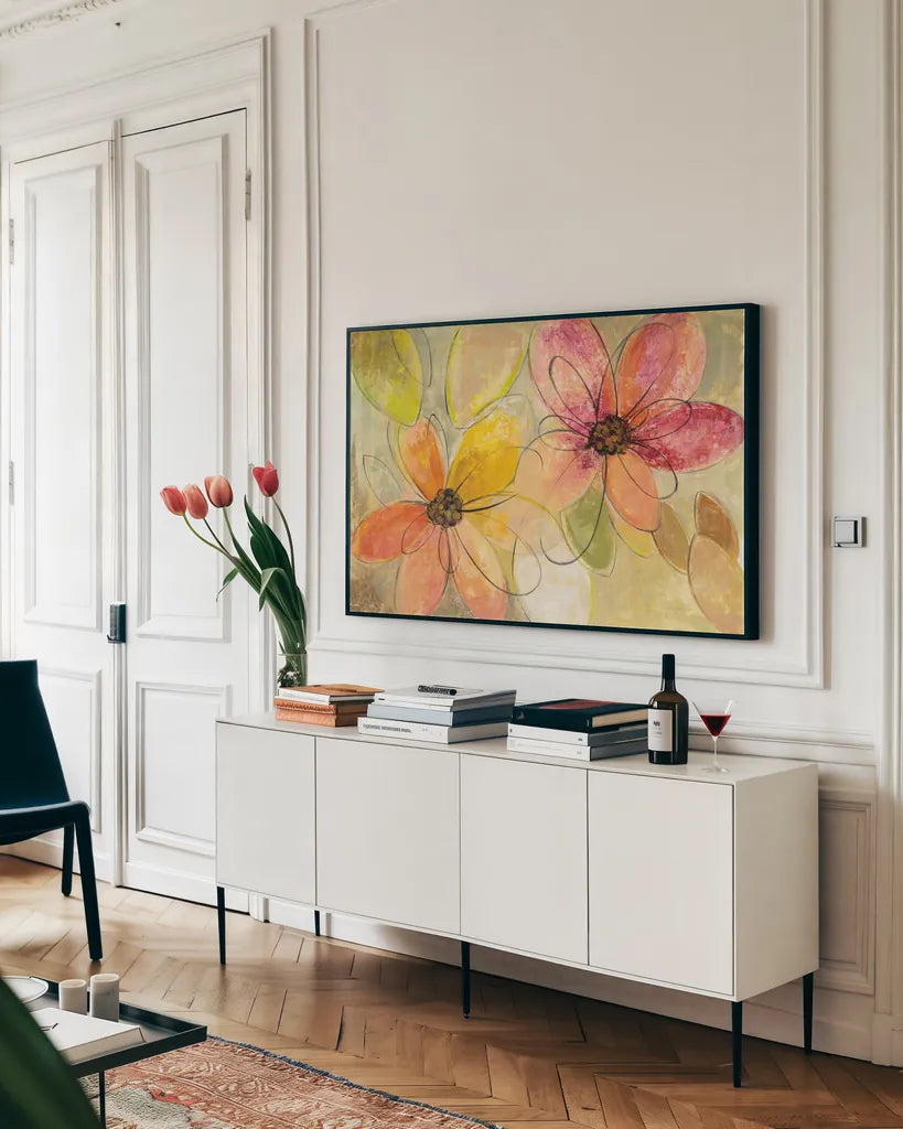 Neon Floral by Silvia Vassileva. shown as a framed stretched canvas in a living room above a console. Available as a archival giclee rolled canvas, fine art paper, or poster print. SKU 28115i.