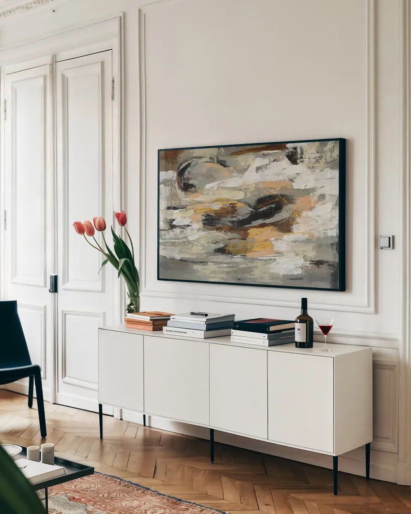Neutral Abstract by Silvia Vassileva. shown as a framed stretched canvas in a living room above a console. Available as a archival giclee rolled canvas, fine art paper, or poster print. SKU 28103i.