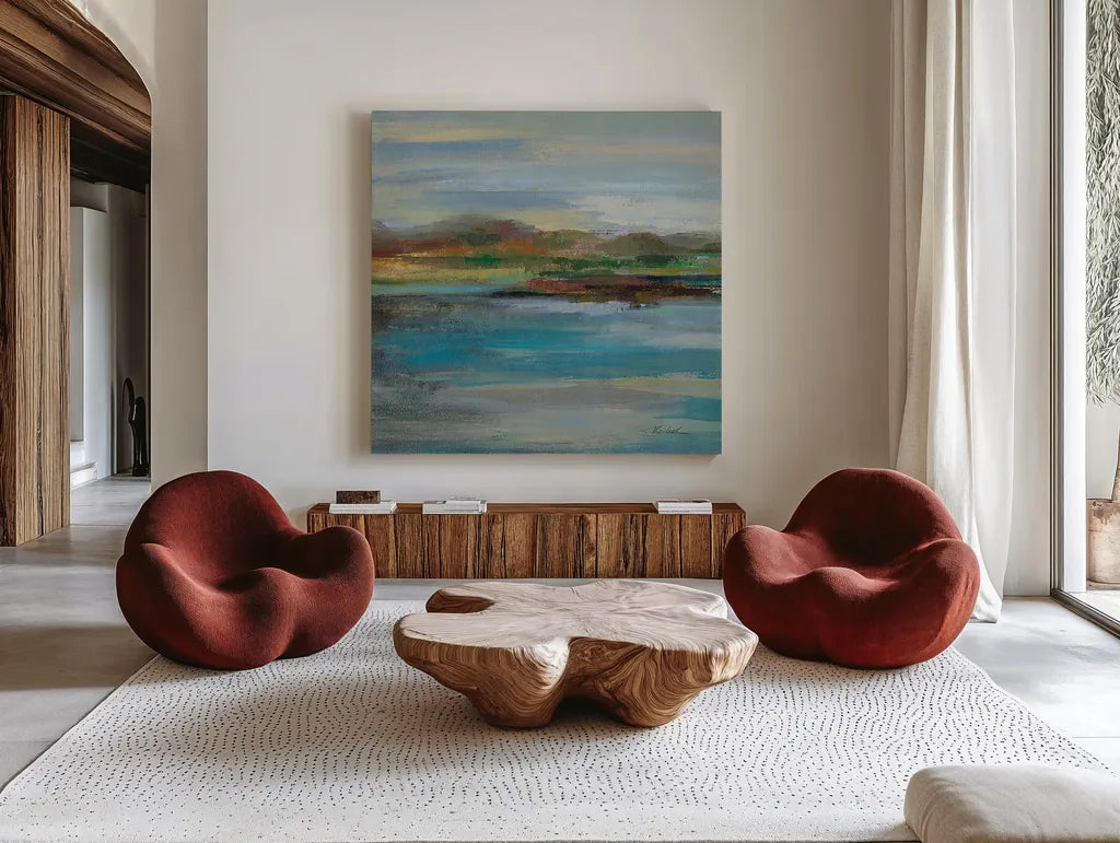 Northern Shore Square I by Silvia Vassileva. Shown as extra-large giant wall art in a modern living room. Available as an archival giclee rolled canvas, fine art paper, or poster print. SKU 13166a.