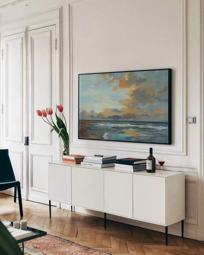 Oceanside Sunset by Silvia Vassileva. shown as a framed stretched canvas in a living room above a console. Available as a archival giclee rolled canvas, fine art paper, or poster print. SKU 73904i.