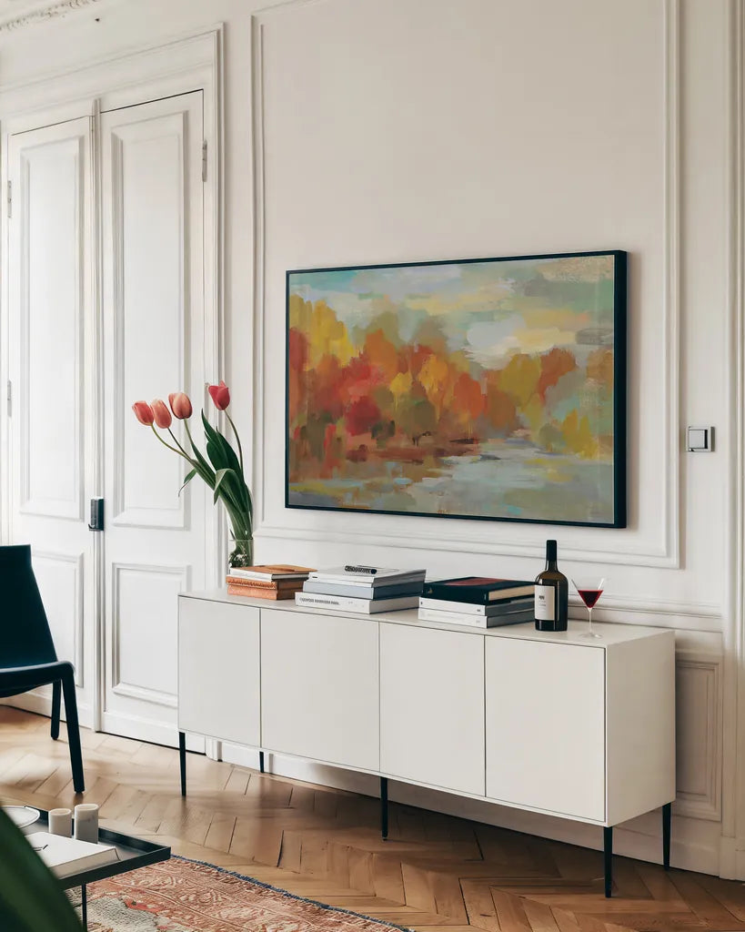 October Dreamscape Crop by Silvia Vassileva. shown as a framed stretched canvas in a living room above a console. Available as a archival giclee rolled canvas, fine art paper, or poster print. SKU 29740i.