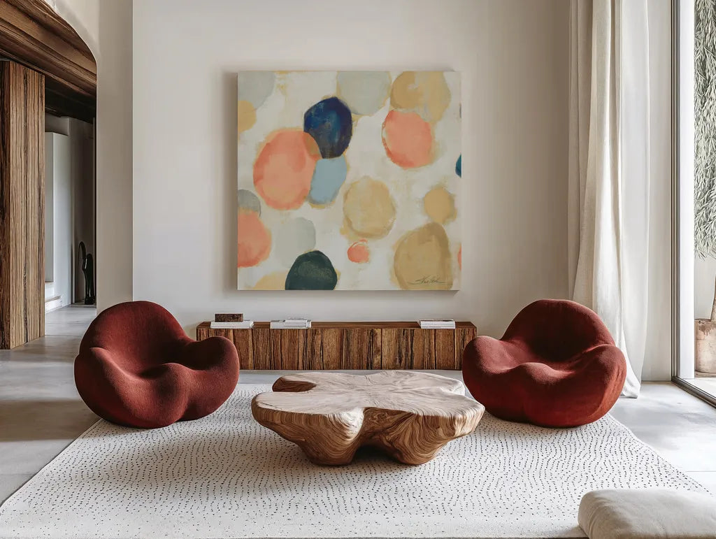 Painted Pebbles II Boho by Silvia Vassileva. Shown as extra-large giant wall art in a modern living room. Available as an archival giclee rolled canvas, fine art paper, or poster print. SKU 67875a.