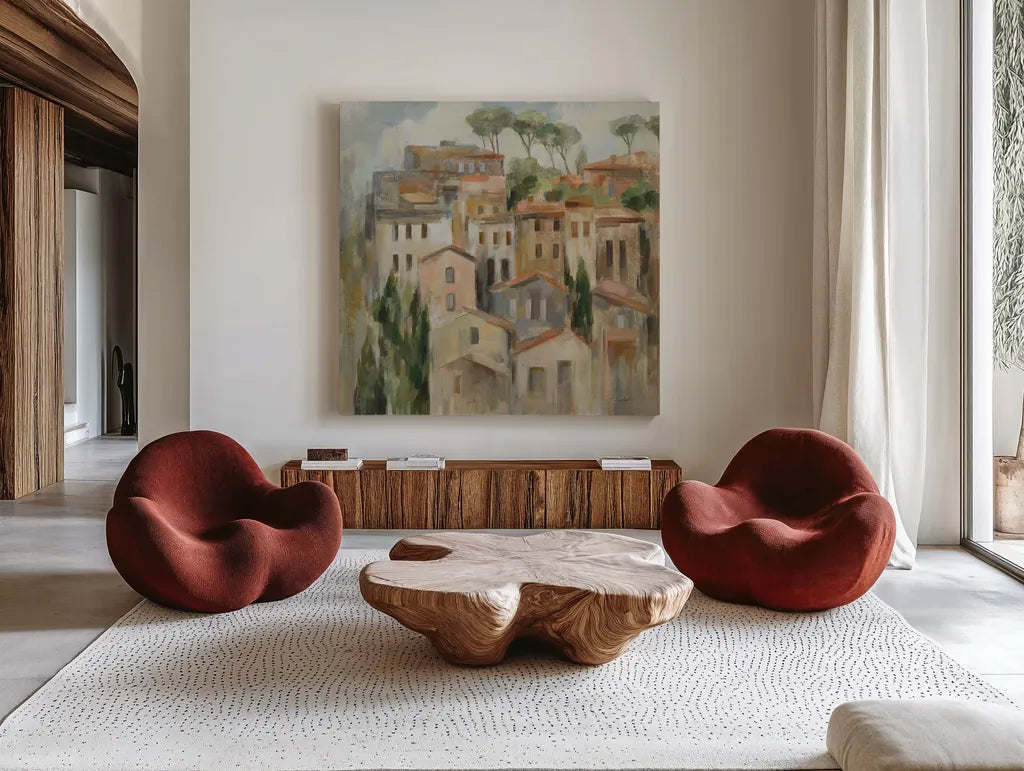 Pines and Florence by Silvia Vassileva. Shown as extra-large giant wall art in a modern living room. Available as an archival giclee rolled canvas, fine art paper, or poster print. SKU 94415a.
