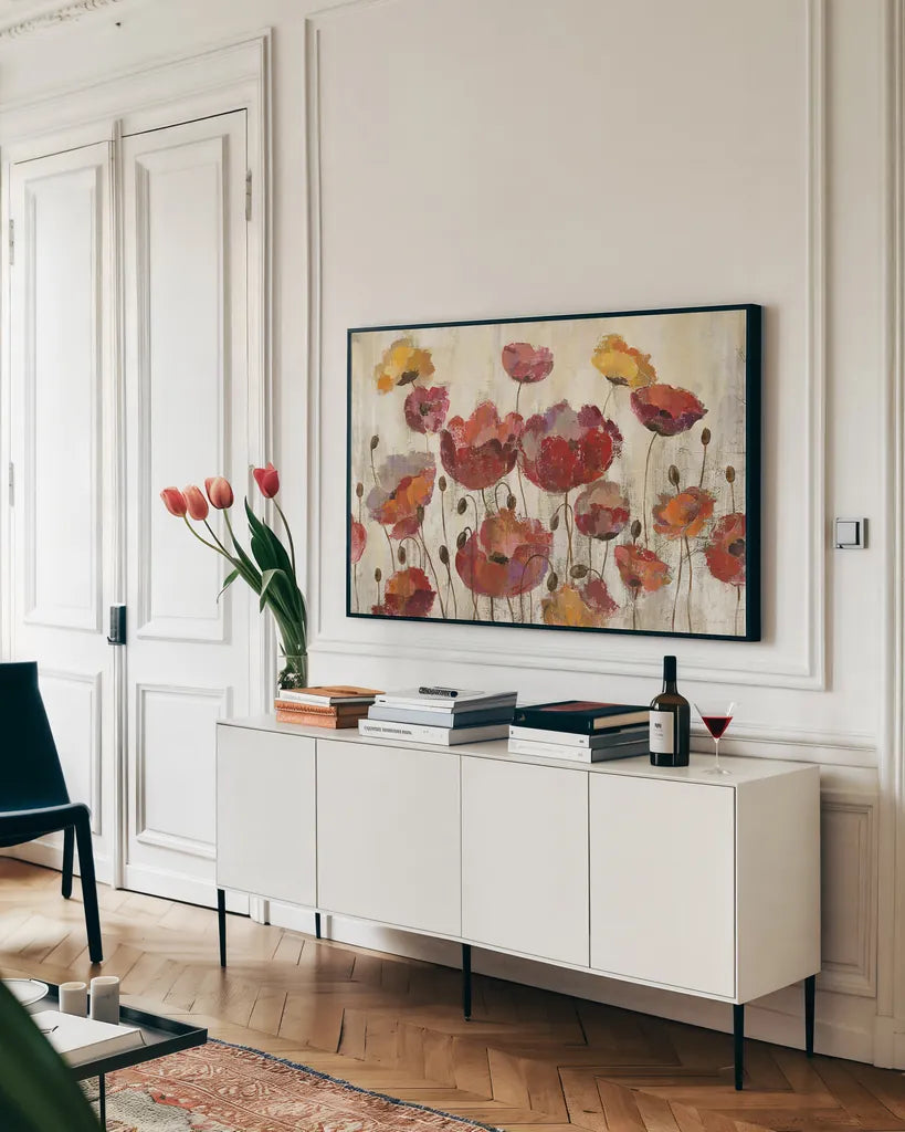 Poppies in the Rain by Silvia Vassileva. shown as a framed stretched canvas in a living room above a console. Available as a archival giclee rolled canvas, fine art paper, or poster print. SKU 15008i.