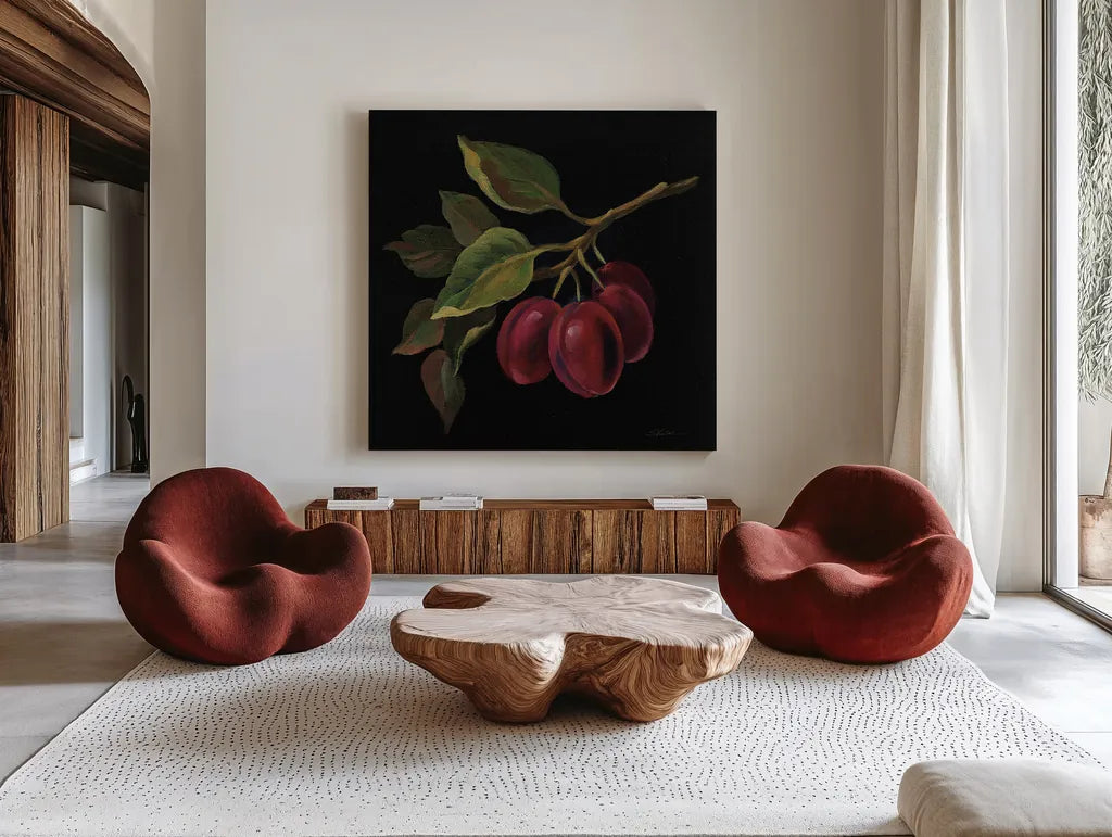 Prune no Words by Silvia Vassileva. Shown as extra-large giant wall art in a modern living room. Available as an archival giclee rolled canvas, fine art paper, or poster print. SKU 29206a.