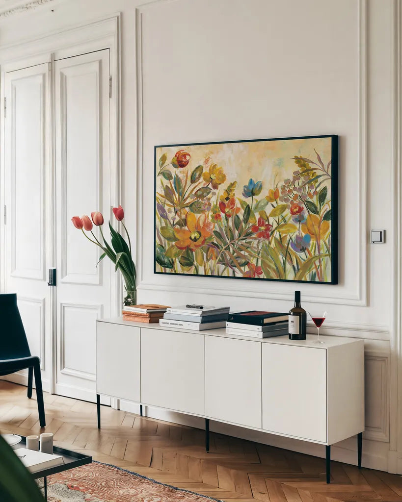 Rain Forest Floral by Silvia Vassileva. shown as a framed stretched canvas in a living room above a console. Available as a archival giclee rolled canvas, fine art paper, or poster print. SKU 30160i.