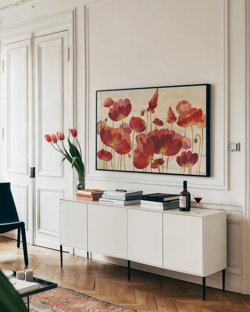 Red Flowers on Cream Crop by Silvia Vassileva. shown as a framed stretched canvas in a living room above a console. Available as a archival giclee rolled canvas, fine art paper, or poster print. SKU 34488i.