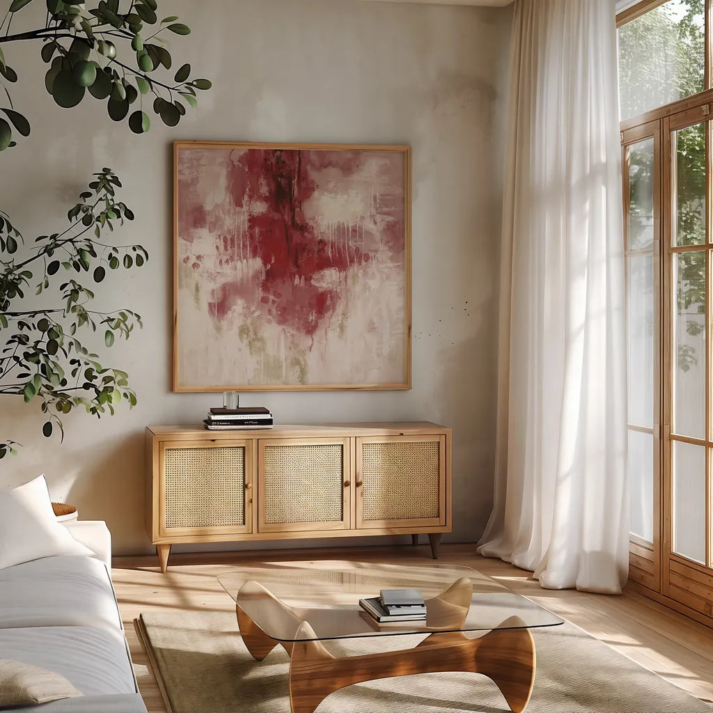 Red Rain by Silvia Vassileva. Shown in a natural wood frame in a cozy modern living room. Available as an archival giclee rolled canvas, fine art paper, or poster print. SKU 55993a.