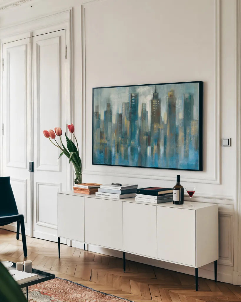 Rhythmic Reflection Light by Silvia Vassileva. shown as a framed stretched canvas in a living room above a console. Available as a archival giclee rolled canvas, fine art paper, or poster print. SKU 29776i.