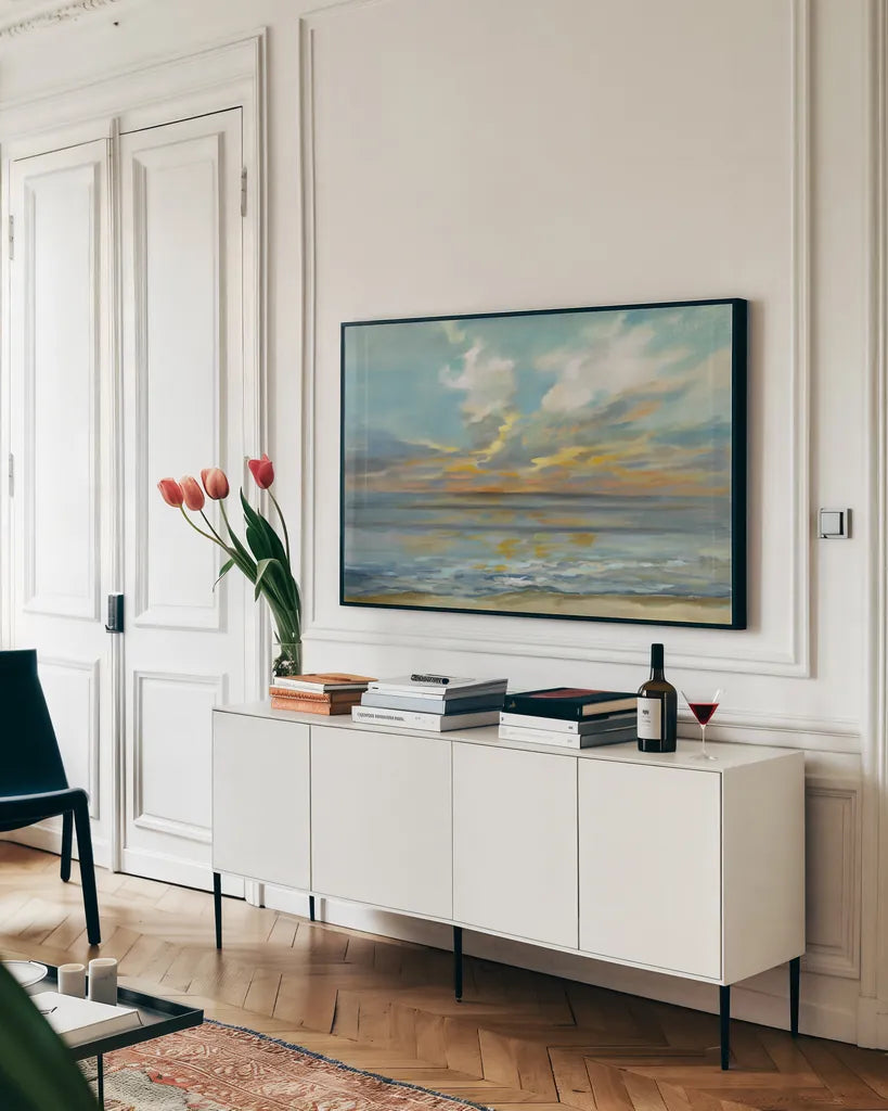 Rhythmic Sunset Waves by Silvia Vassileva. shown as a framed stretched canvas in a living room above a console. Available as a archival giclee rolled canvas, fine art paper, or poster print. SKU 69153i.
