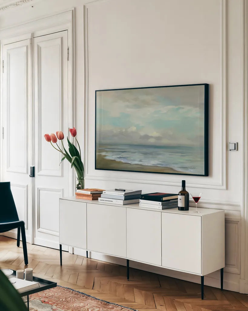 Rising Sun by Silvia Vassileva. shown as a framed stretched canvas in a living room above a console. Available as a archival giclee rolled canvas, fine art paper, or poster print. SKU 75990i.