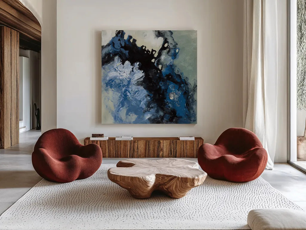 Roaring Waves I by Silvia Vassileva. Shown as extra-large giant wall art in a modern living room. Available as an archival giclee rolled canvas, fine art paper, or poster print. SKU 61064a.