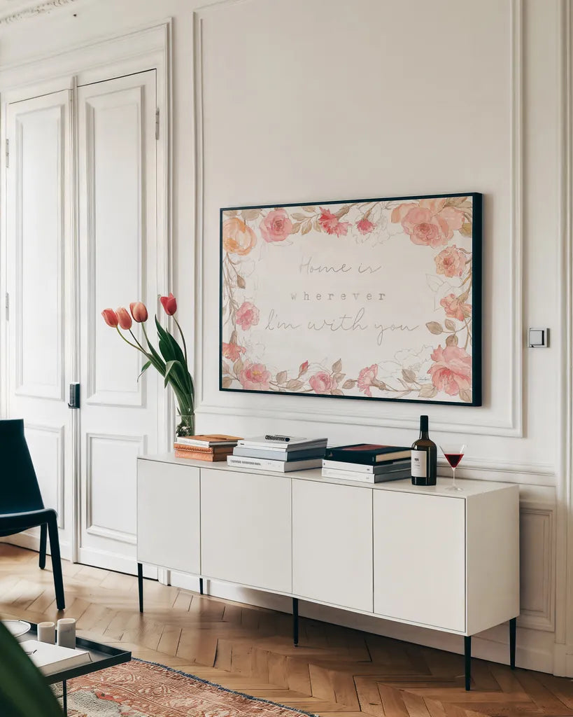 Romantic Blooms I by Silvia Vassileva. shown as a framed stretched canvas in a living room above a console. Available as a archival giclee rolled canvas, fine art paper, or poster print. SKU 82481i.