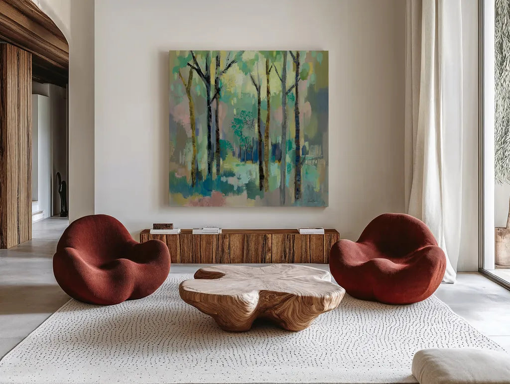 Romantic Forest by Silvia Vassileva. Shown as extra-large giant wall art in a modern living room. Available as an archival giclee rolled canvas, fine art paper, or poster print. SKU 73900a.