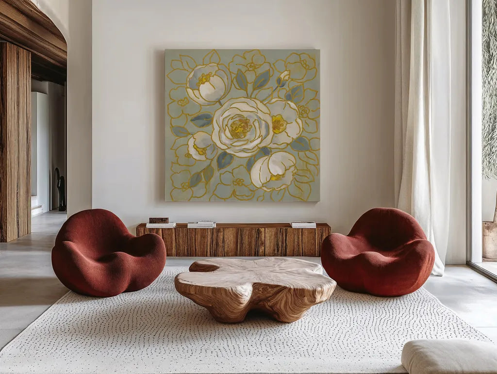 Sage Floral II by Silvia Vassileva. Shown as extra-large giant wall art in a modern living room. Available as an archival giclee rolled canvas, fine art paper, or poster print. SKU 65679a.