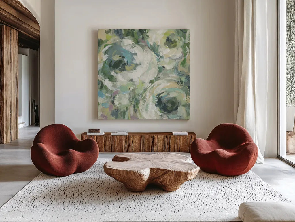 Sage and Lavender Peonies II Light by Silvia Vassileva. Shown as extra-large giant wall art in a modern living room. Available as an archival giclee rolled canvas, fine art paper, or poster print. SKU 48746a.