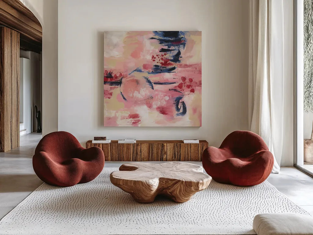 Sakura II by Silvia Vassileva. Shown as extra-large giant wall art in a modern living room. Available as an archival giclee rolled canvas, fine art paper, or poster print. SKU 37337a.