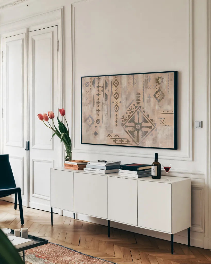 Scandanavian Mood I Neutral by Silvia Vassileva. shown as a framed stretched canvas in a living room above a console. Available as a archival giclee rolled canvas, fine art paper, or poster print. SKU 55656i.