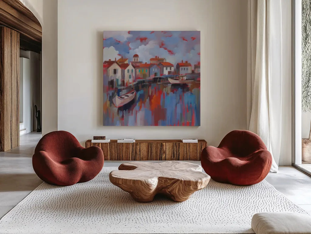 Seaport Village by Silvia Vassileva. Shown as extra-large giant wall art in a modern living room. Available as an archival giclee rolled canvas, fine art paper, or poster print. SKU 93594a.