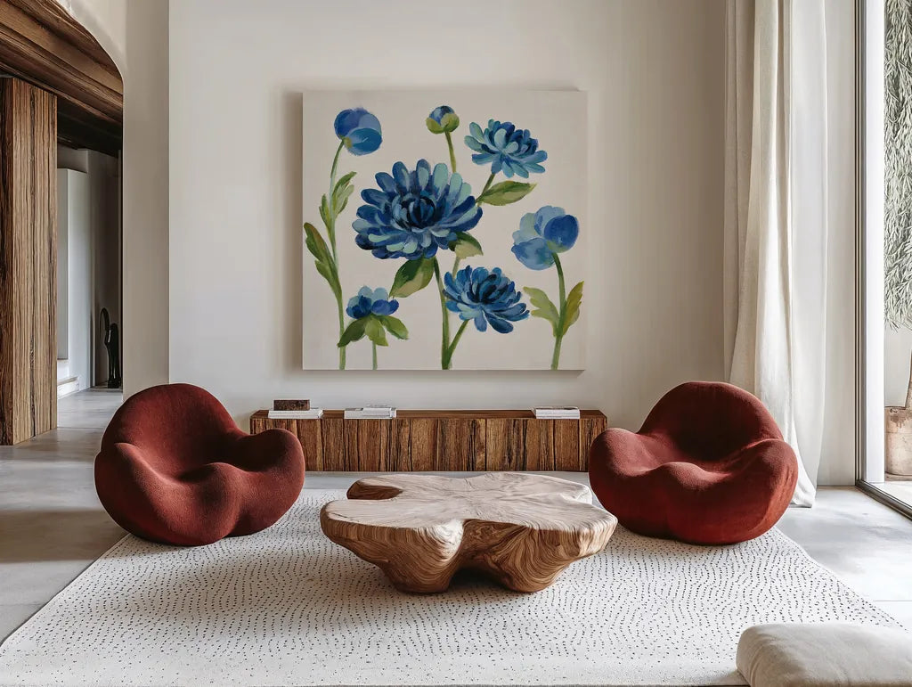 Seaside Garden II by Silvia Vassileva. Shown as extra-large giant wall art in a modern living room. Available as an archival giclee rolled canvas, fine art paper, or poster print. SKU 30155a.
