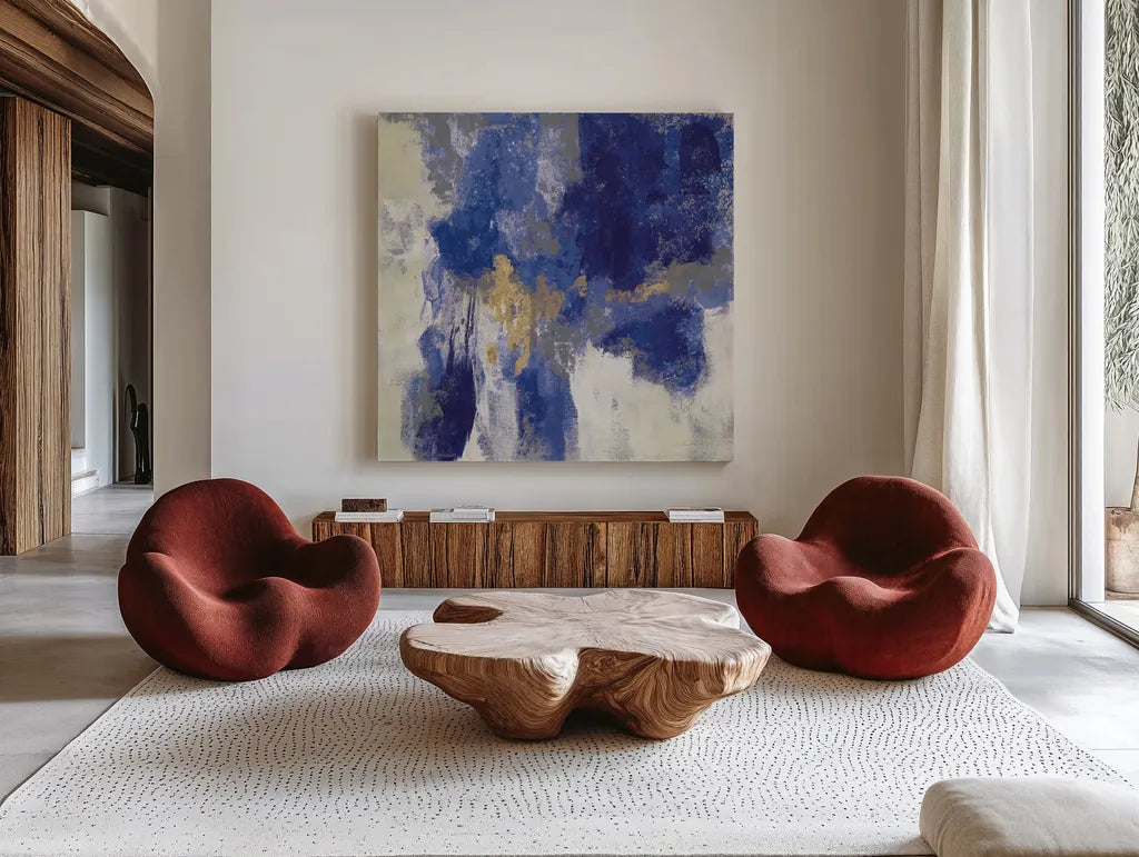 Sparkle Abstract II Blue by Silvia Vassileva. Shown as extra-large giant wall art in a modern living room. Available as an archival giclee rolled canvas, fine art paper, or poster print. SKU 65019a.