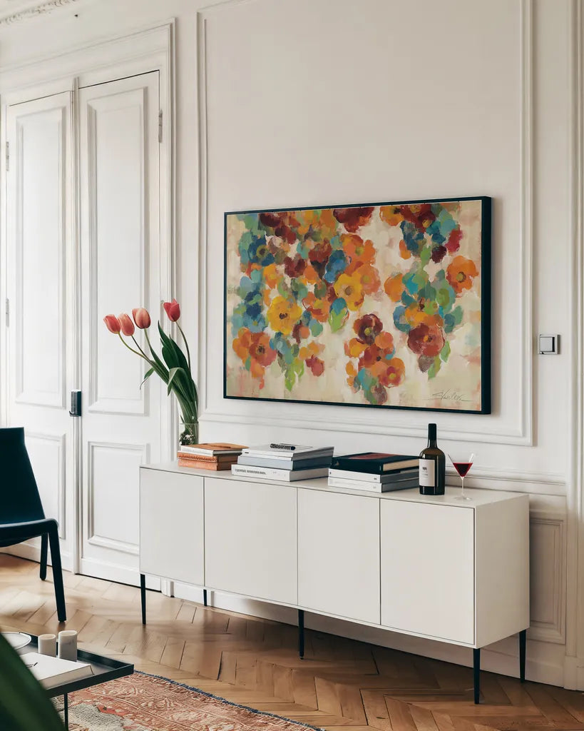 Spice and Turquoise Florals by Silvia Vassileva. shown as a framed stretched canvas in a living room above a console. Available as a archival giclee rolled canvas, fine art paper, or poster print. SKU 22461i.