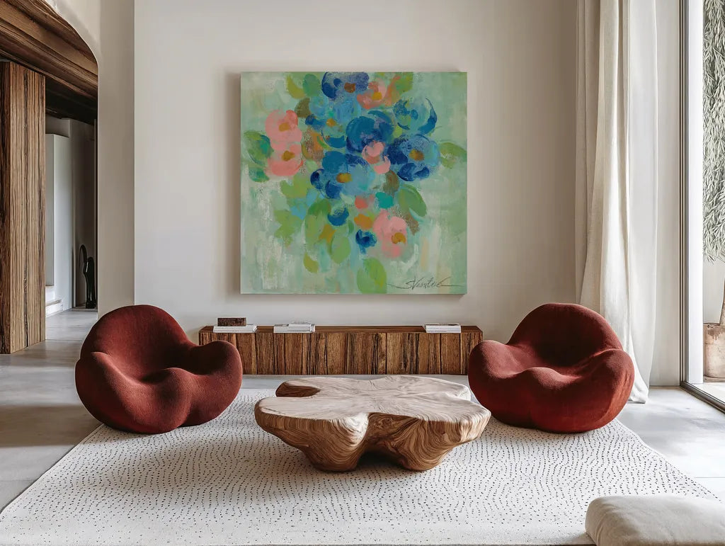 Spring Aroma II by Silvia Vassileva. Shown as extra-large giant wall art in a modern living room. Available as an archival giclee rolled canvas, fine art paper, or poster print. SKU 23195a.