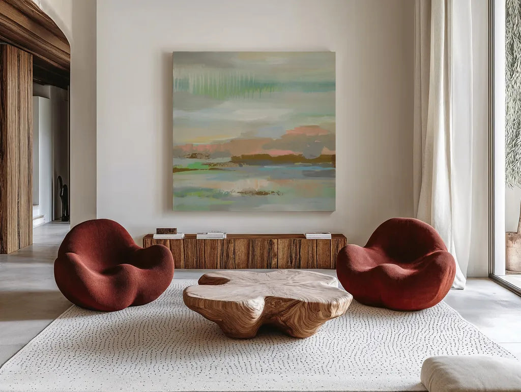 Spring Desert I by Silvia Vassileva. Shown as extra-large giant wall art in a modern living room. Available as an archival giclee rolled canvas, fine art paper, or poster print. SKU 31689a.