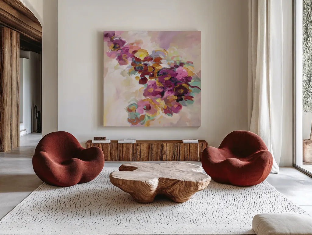 Spring Flowerbed by Silvia Vassileva. Shown as extra-large giant wall art in a modern living room. Available as an archival giclee rolled canvas, fine art paper, or poster print. SKU 67014a.