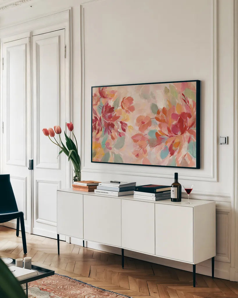 Spring Galore I by Silvia Vassileva. shown as a framed stretched canvas in a living room above a console. Available as a archival giclee rolled canvas, fine art paper, or poster print. SKU 30164i.