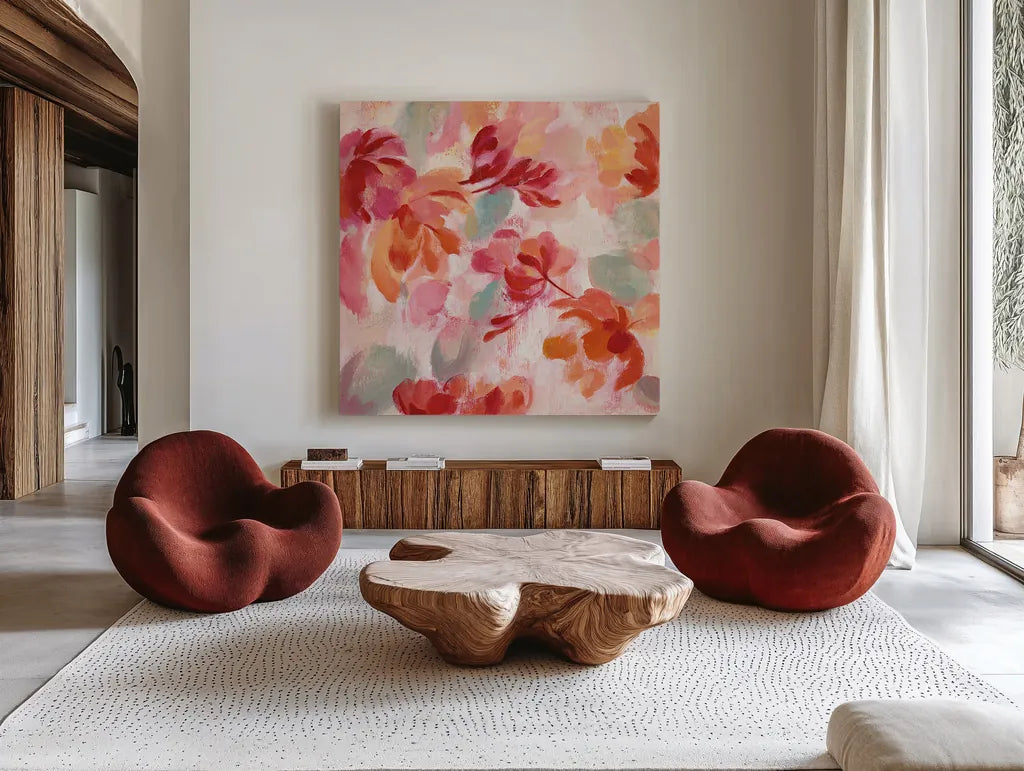 Spring Galore II by Silvia Vassileva. Shown as extra-large giant wall art in a modern living room. Available as an archival giclee rolled canvas, fine art paper, or poster print. SKU 30165a.
