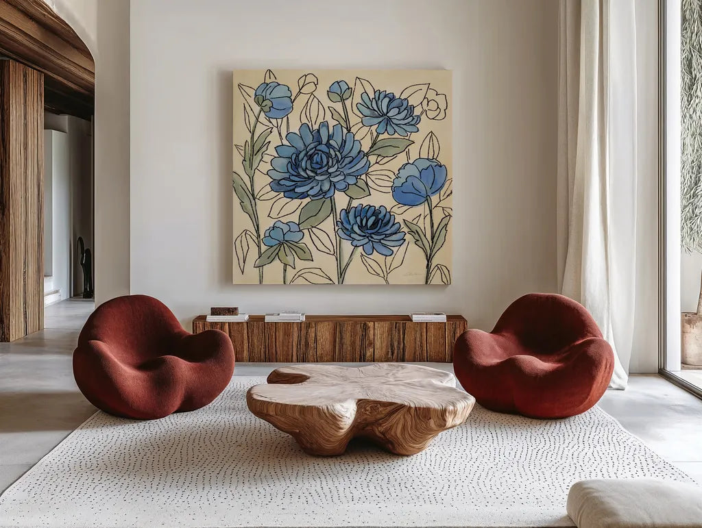 Spring Lace Floral III by Silvia Vassileva. Shown as extra-large giant wall art in a modern living room. Available as an archival giclee rolled canvas, fine art paper, or poster print. SKU 64824a.