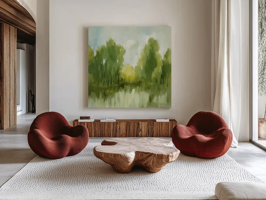 Spring Memories by Silvia Vassileva. Shown as extra-large giant wall art in a modern living room. Available as an archival giclee rolled canvas, fine art paper, or poster print. SKU 77484a.