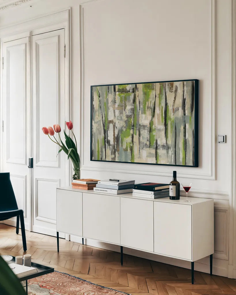 Spring Stripes by Silvia Vassileva. shown as a framed stretched canvas in a living room above a console. Available as a archival giclee rolled canvas, fine art paper, or poster print. SKU 31698i.