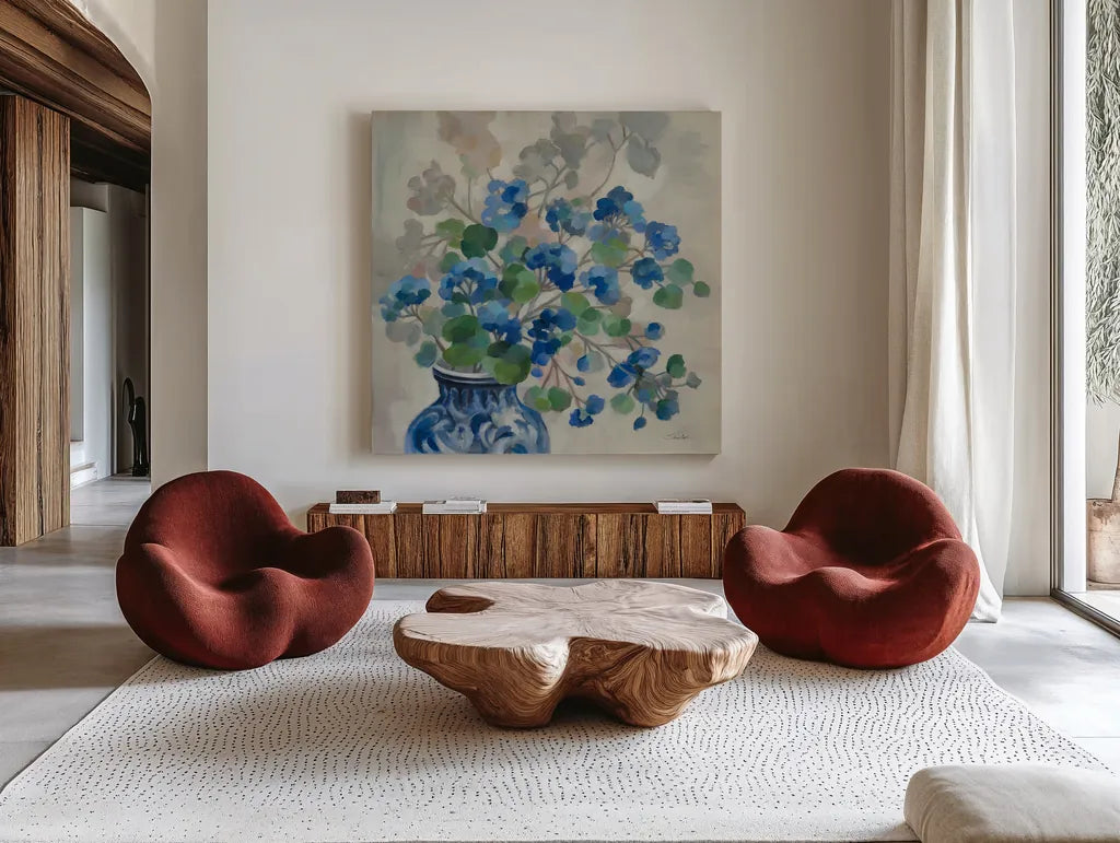 Spring Window by Silvia Vassileva. Shown as extra-large giant wall art in a modern living room. Available as an archival giclee rolled canvas, fine art paper, or poster print. SKU 98582a.